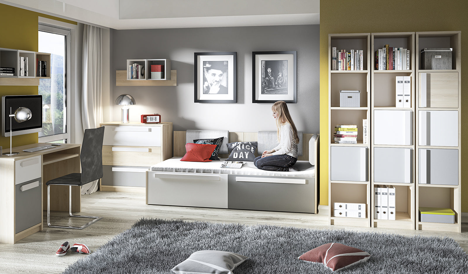 Commode, Buffet, Buffet contemporain avec tiroirs et portes en Hêtre Fjord, Blanc et Gris Platine – Rangement élégant et pratique - Decora Home