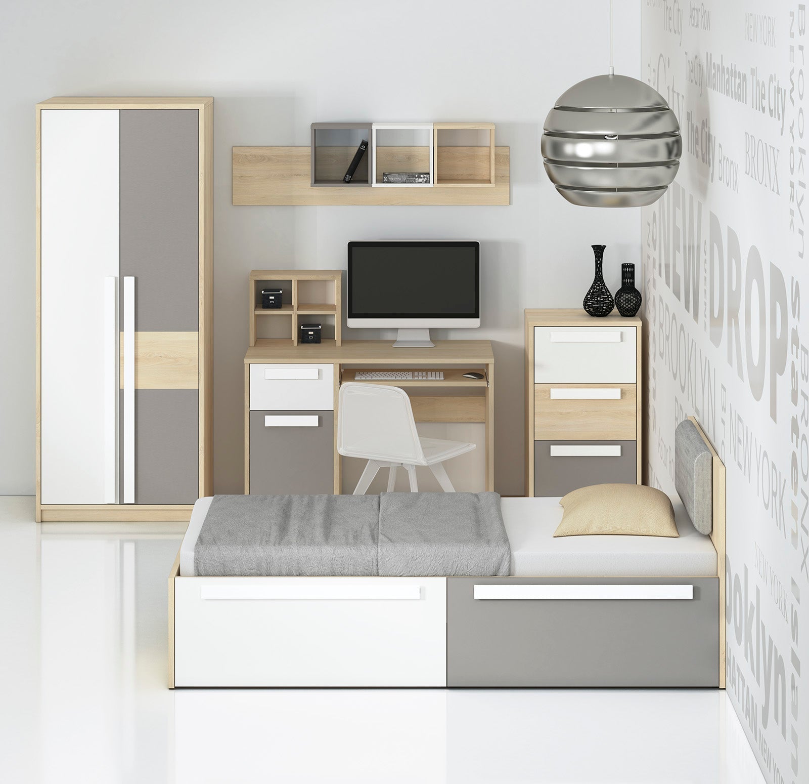 Bureau moderne Hêtre Fjord + Blanc, design élégant avec bordure ABS et finition résistante - Decora Home