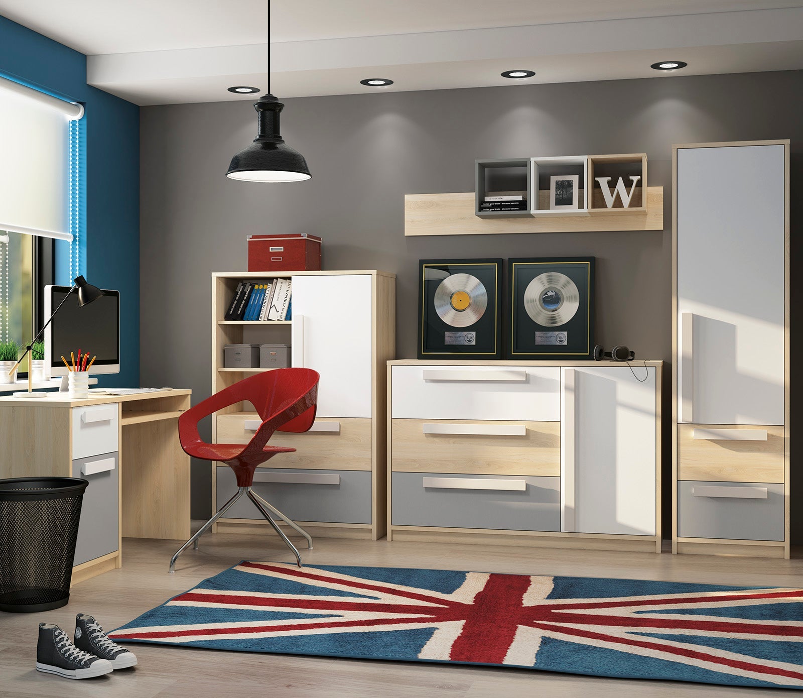 Commode, Buffet, Buffet contemporain avec tiroirs et portes en Hêtre Fjord, Blanc et Gris Platine – Rangement élégant et pratique - Decora Home