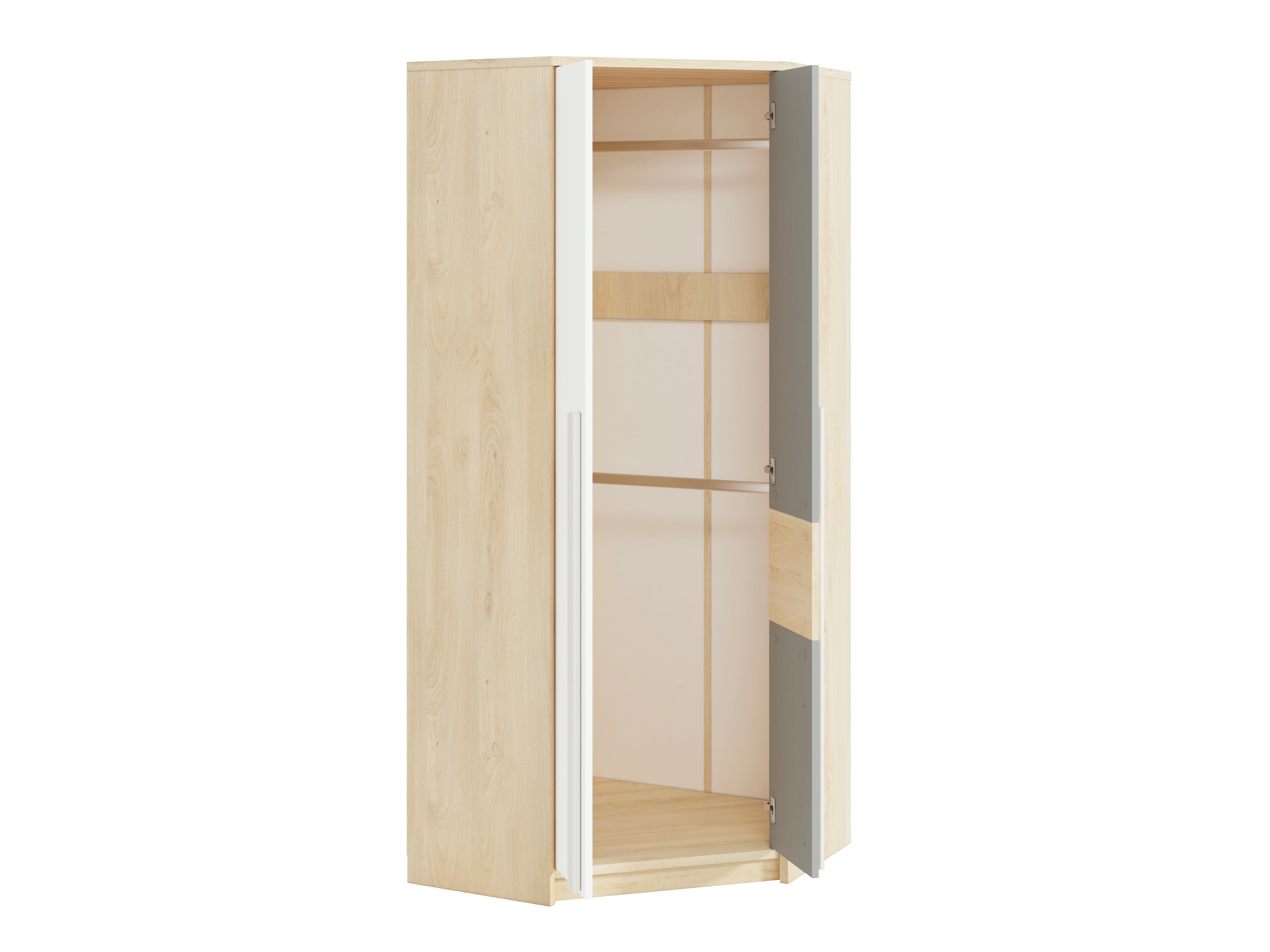 Armoire d’Angle Moderne en Hêtre Fjord et Blanc – Rangement Gain de Place avec Finition Résistante - Decora Home