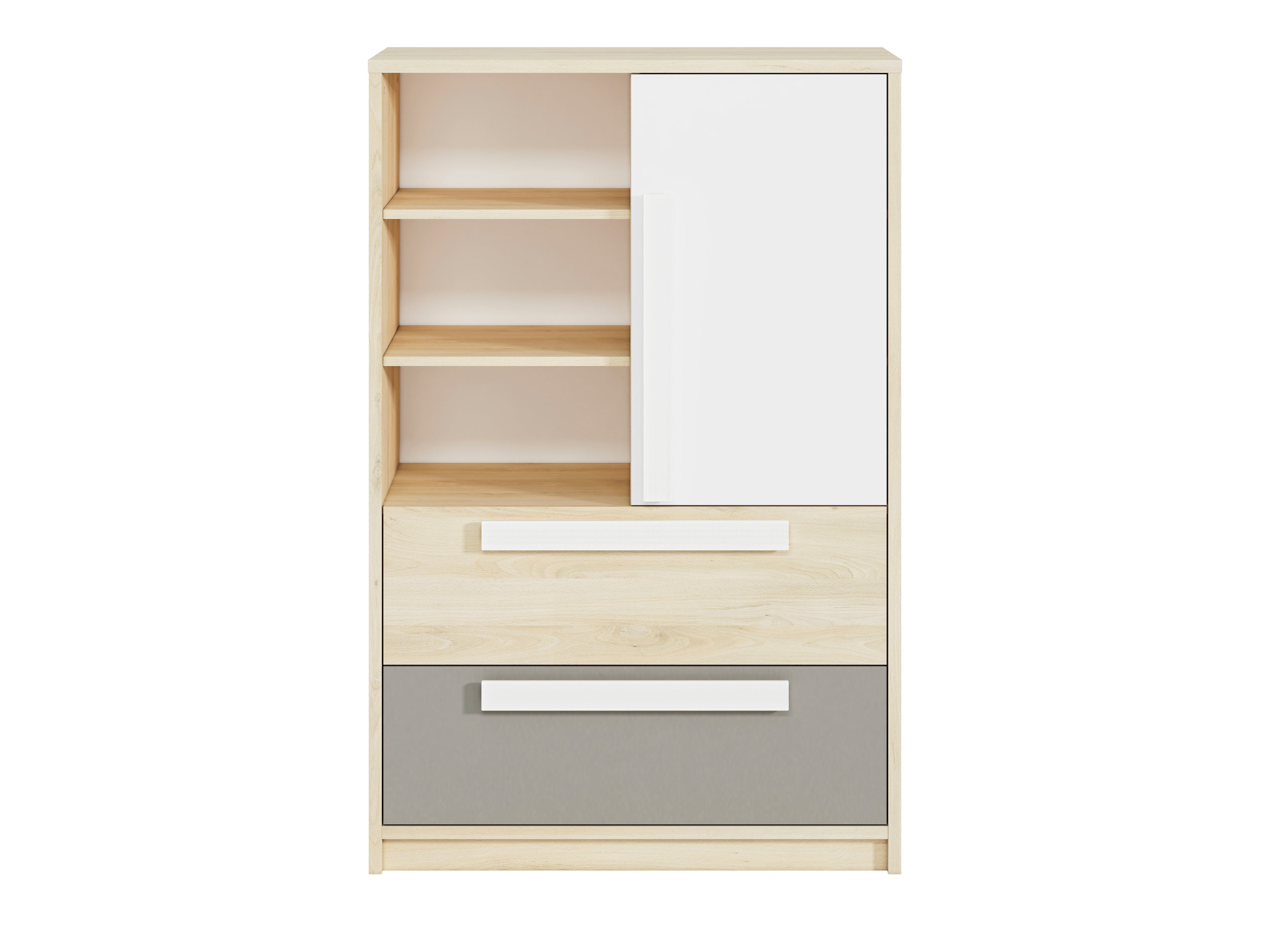 Commode, Buffet, Buffet contemporain avec tiroirs et portes en Hêtre Fjord, Blanc et Gris Platine – Rangement élégant et pratique - Decora Home