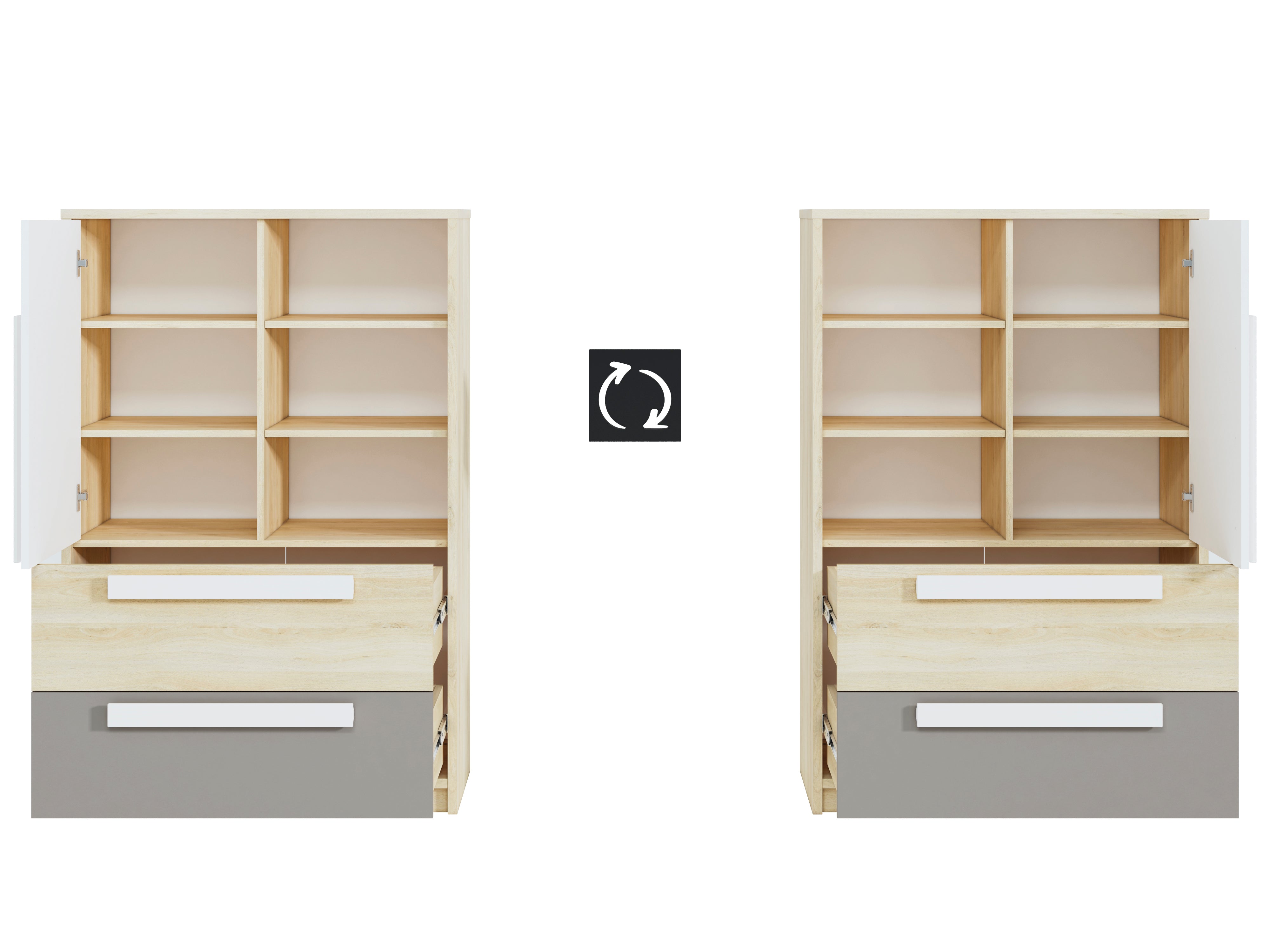 Commode, Buffet, Buffet contemporain avec tiroirs et portes en Hêtre Fjord, Blanc et Gris Platine – Rangement élégant et pratique - Decora Home