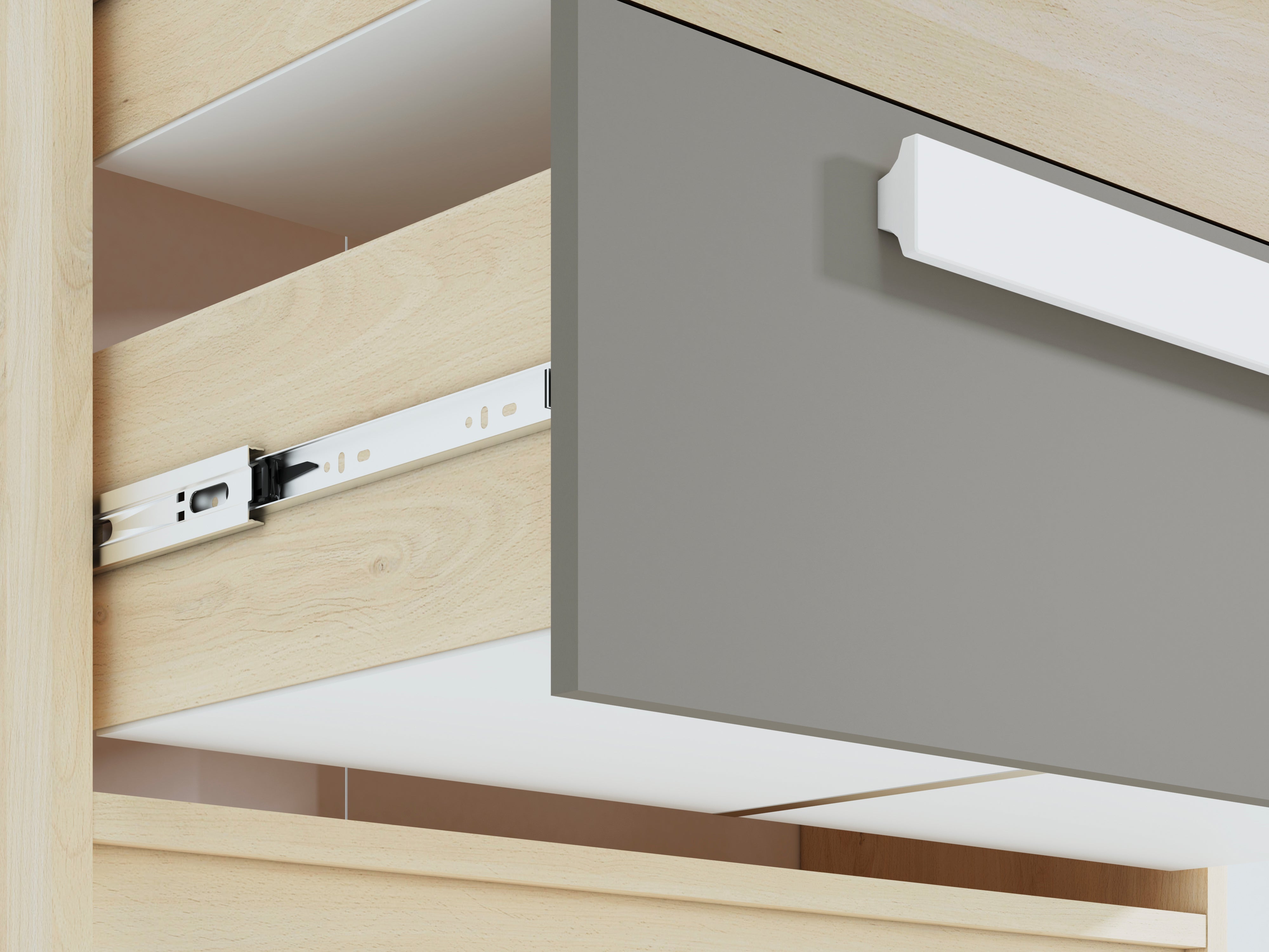 Commode, Buffet, Buffet contemporain avec tiroirs et portes en Hêtre Fjord, Blanc et Gris Platine – Rangement élégant et pratique - Decora Home