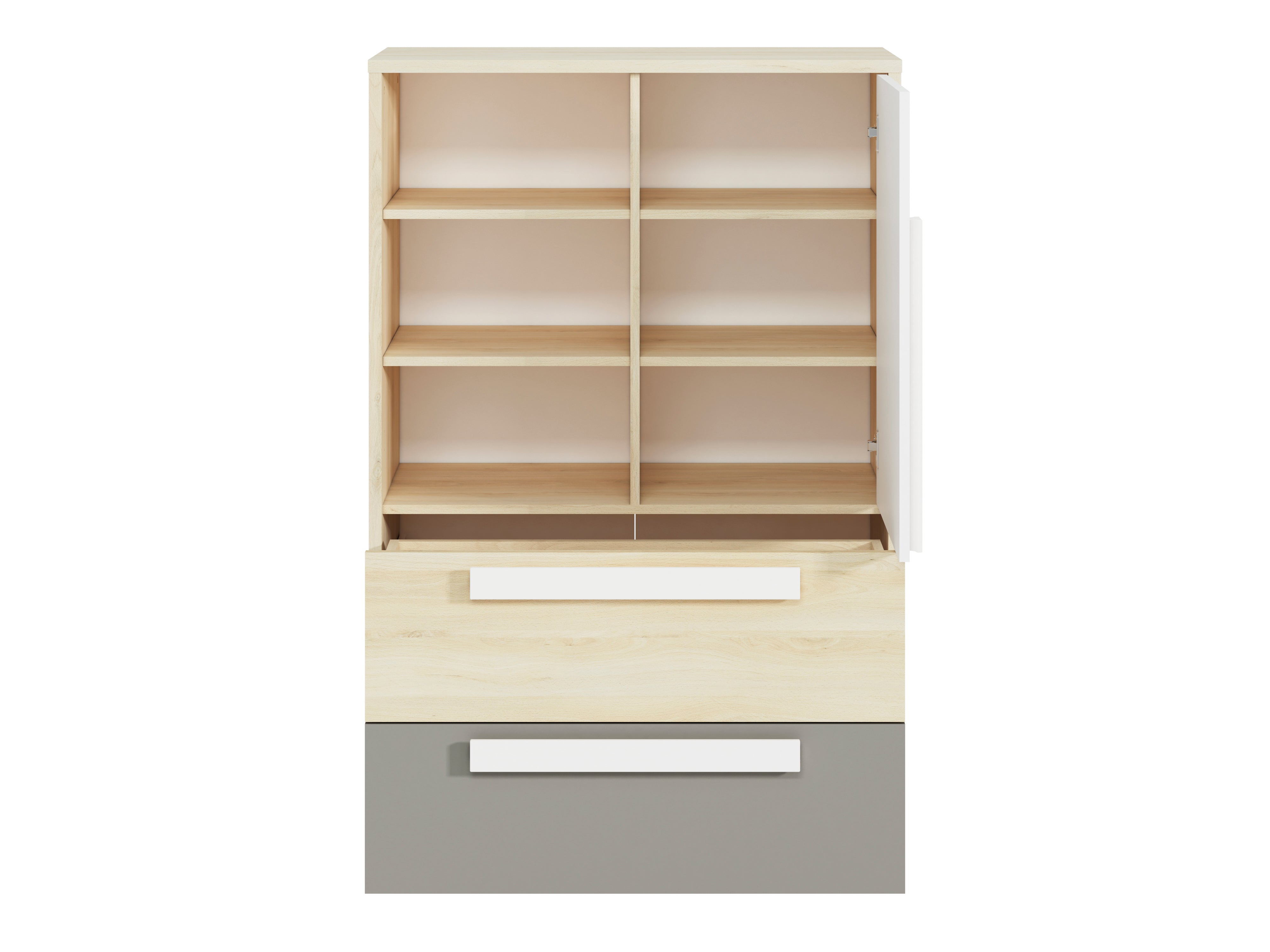 Commode, Buffet, Buffet contemporain avec tiroirs et portes en Hêtre Fjord, Blanc et Gris Platine – Rangement élégant et pratique - Decora Home