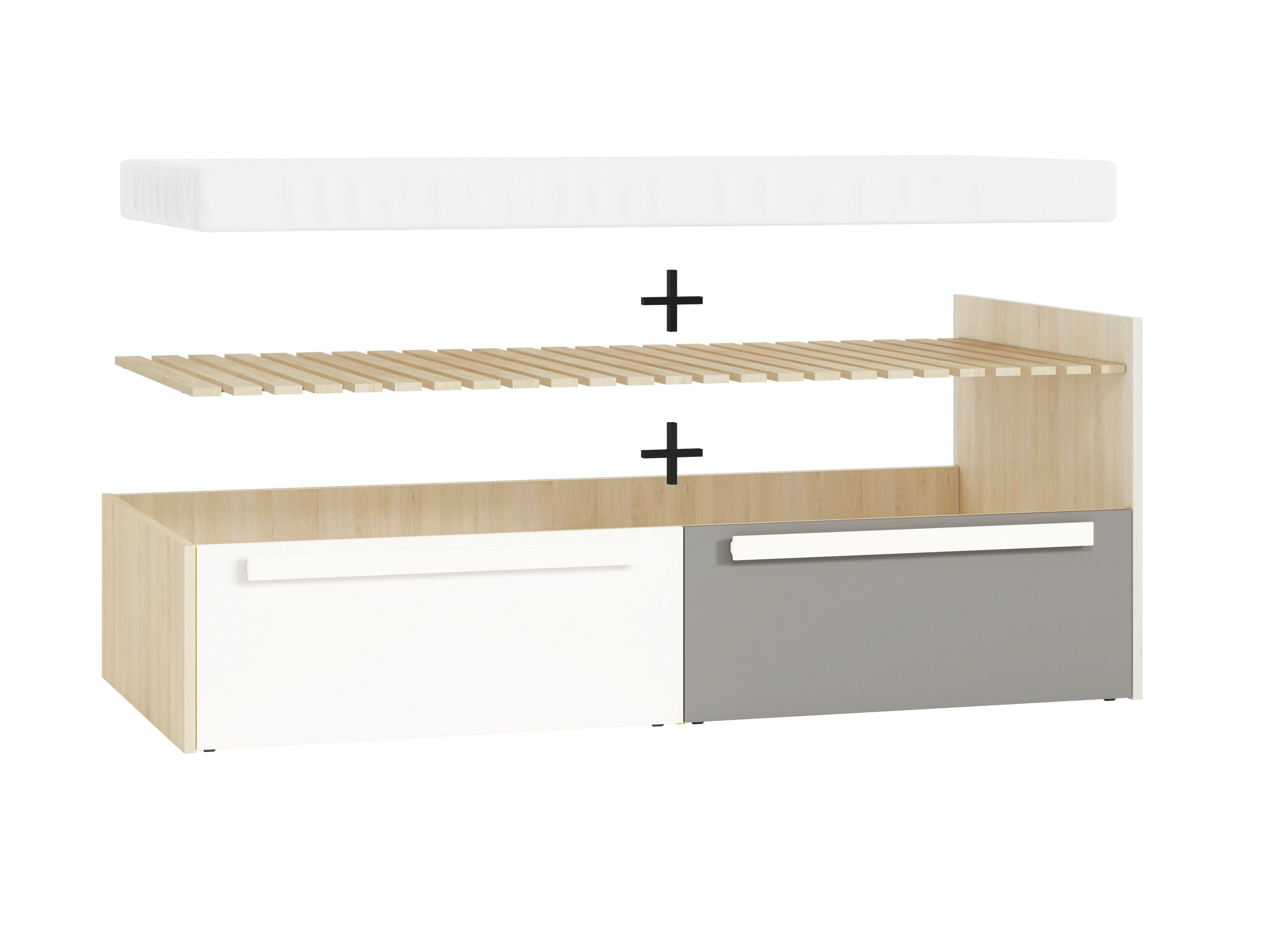 Lit contemporain Hêtre Fjord + Blanc, cadre solide avec bordure ABS et finition résistante - Decora Home
