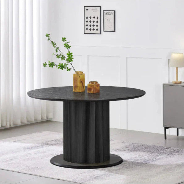 Table à manger ronde avec finition mate, piétement en métal doré et base en bois noirci|Prix cassé|Decora Home