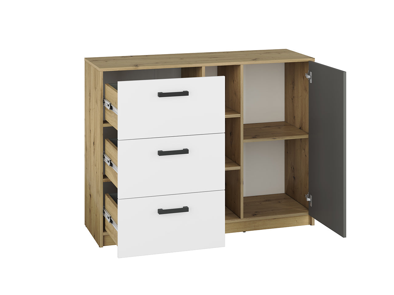 Commode, Buffet, Buffet Moderne en Chêne Artisan et MDF Blanc + Anthracite avec Bordures ABS - Decora Home