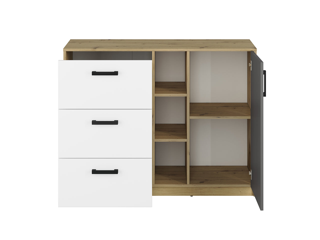 Commode, Buffet, Buffet Moderne en Chêne Artisan et MDF Blanc + Anthracite avec Bordures ABS - Decora Home