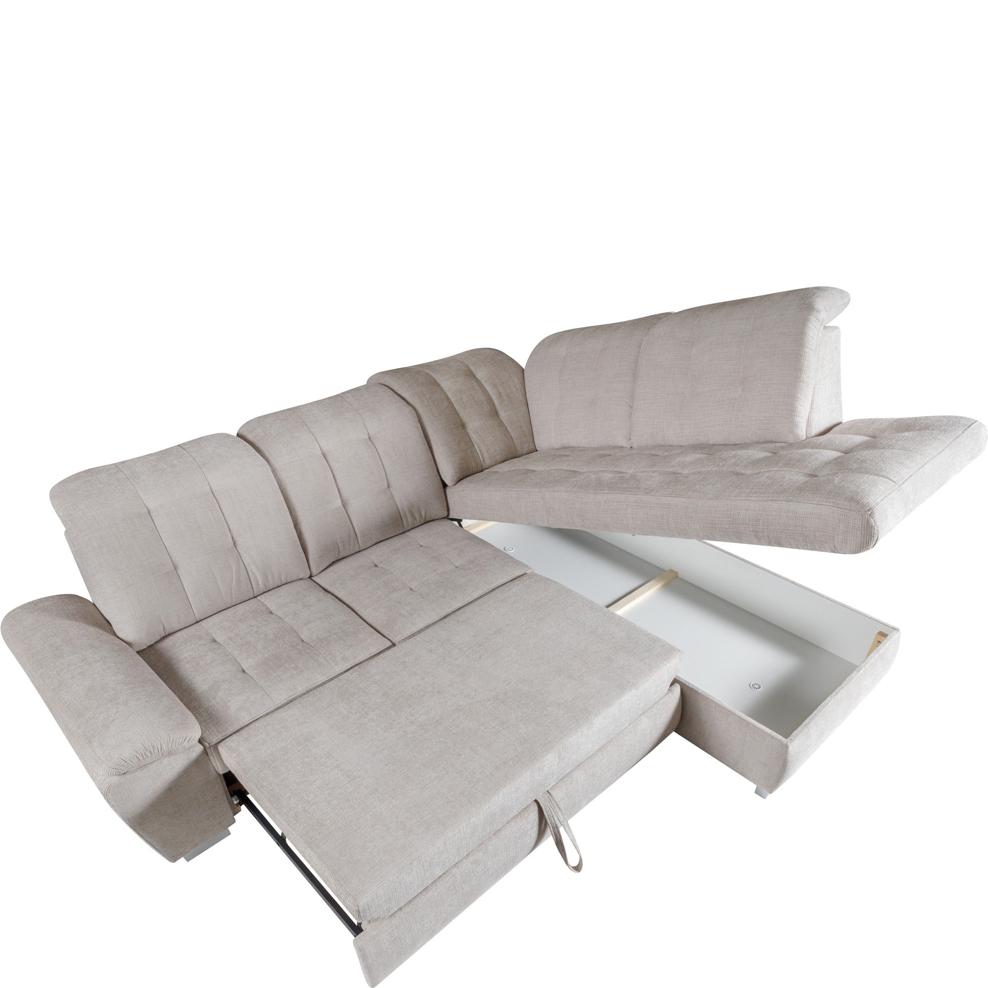 Canapé d’angle convertible en velours beige avec coffre et lit intégré - Decora Home