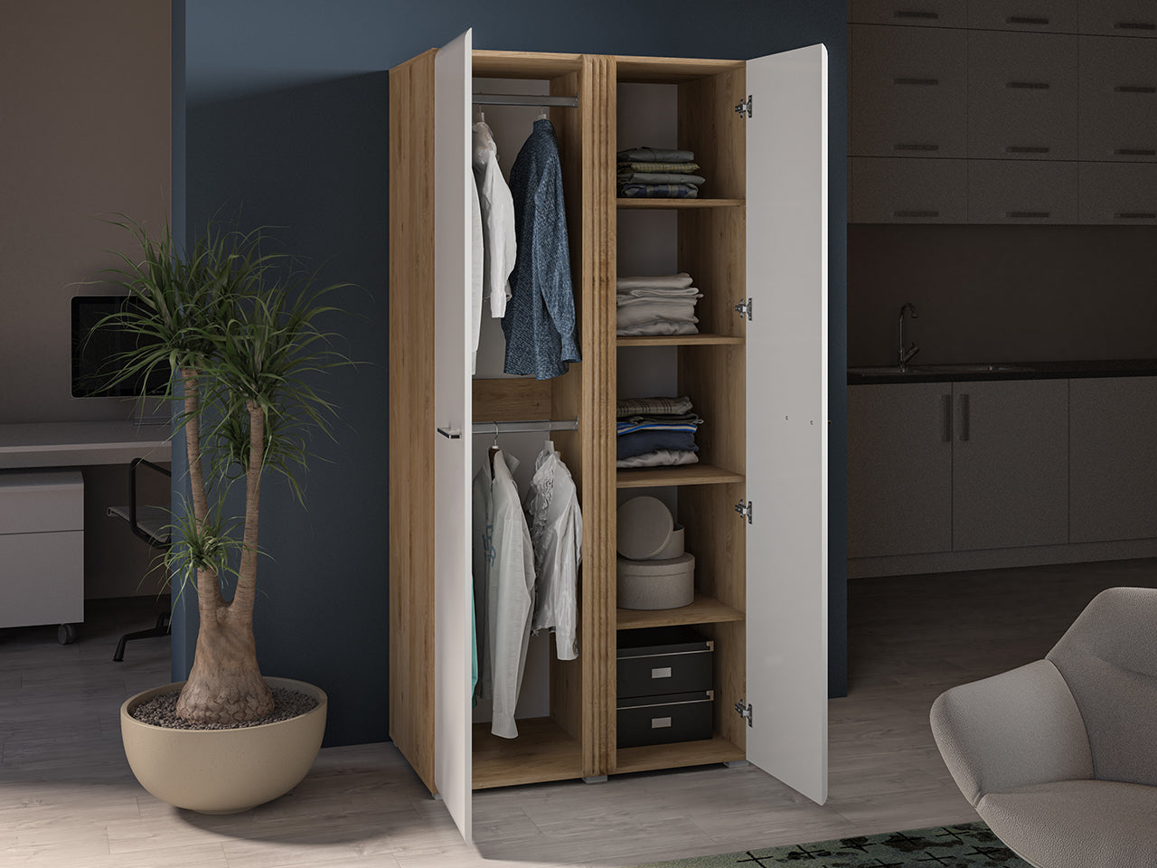Armoire Moderne en Chêne Castello et MDF Blanc Brillant – Durabilité et Élégance avec Bordure ABS - Decora Home