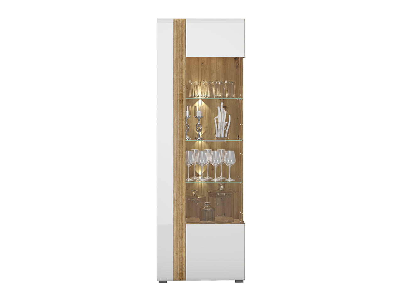 Vitrine Contemporaine en Chêne Castello et MDF Blanc Brillant avec Rétroéclairage - Decora Home