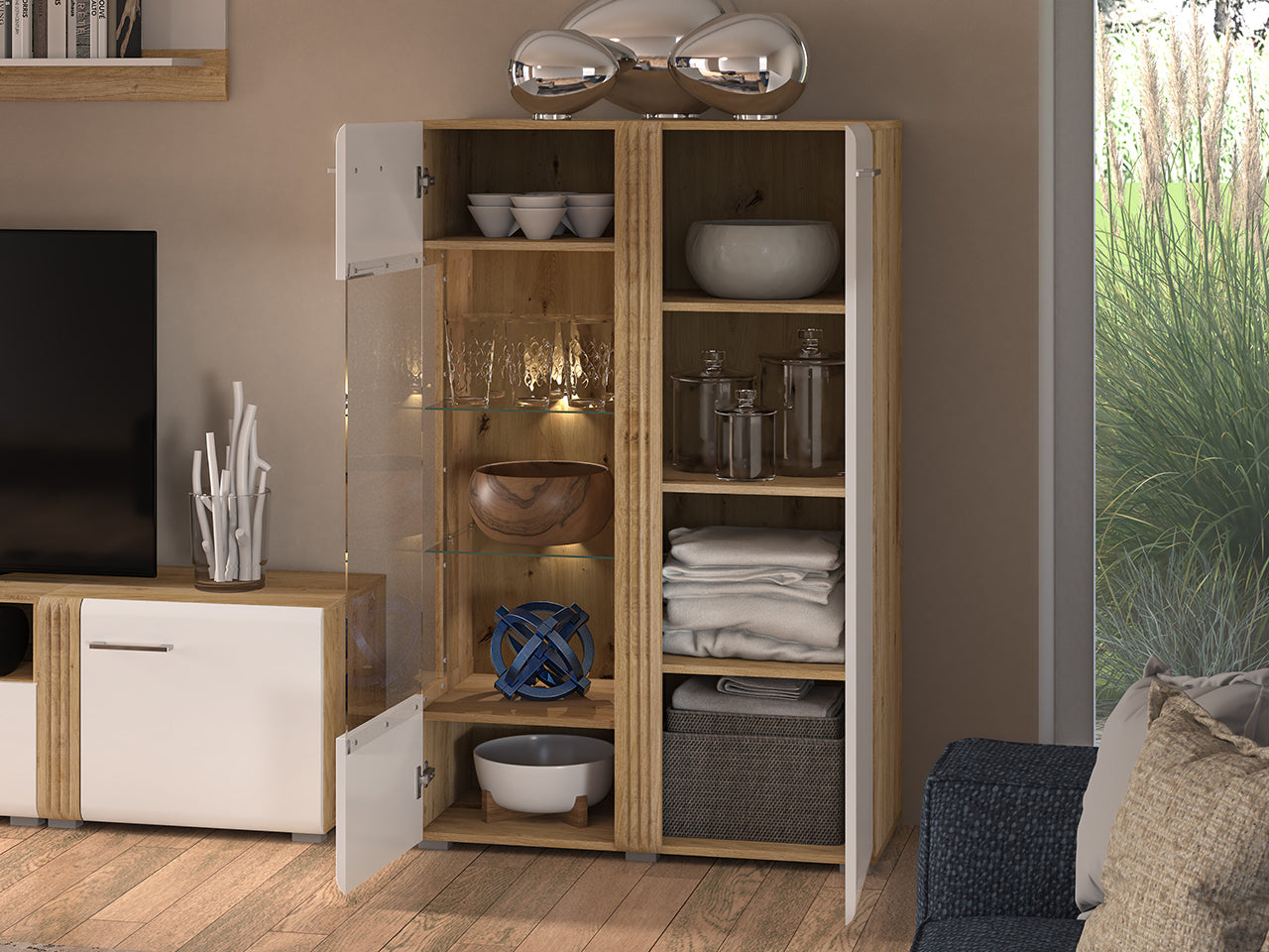 Vitrine Basse en Chêne Castello & Blanc Brillant – Élégance et Robustesse - Decora Home