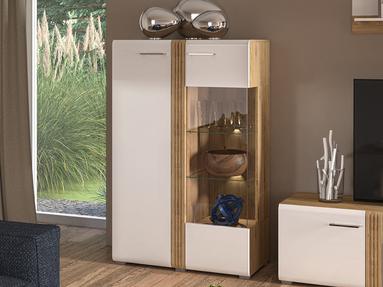Vitrine Basse en Chêne Castello & Blanc Brillant – Élégance et Robustesse - Decora Home