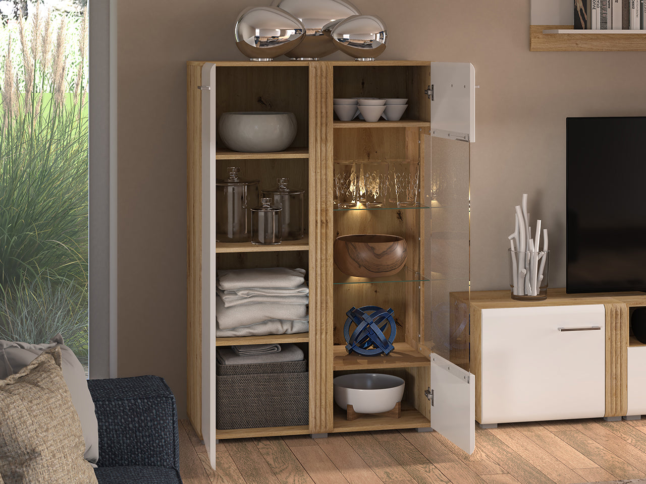 Vitrine Basse en Chêne Castello & Blanc Brillant – Élégance et Robustesse - Decora Home
