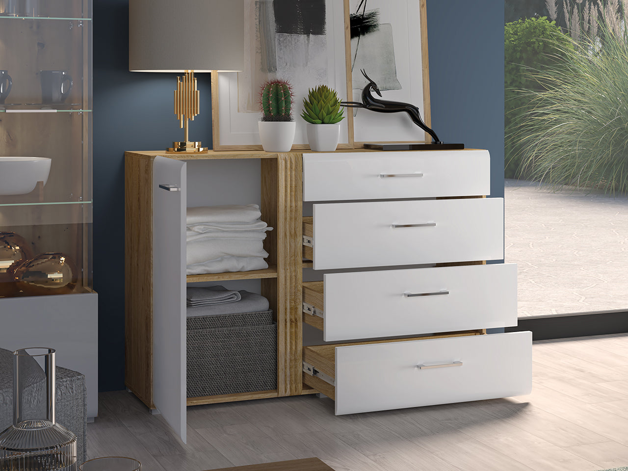 Commode, Buffet, Buffet moderne Chêne Castello & Blanc Brillant – Élégance et praticité réunies - Decora Home