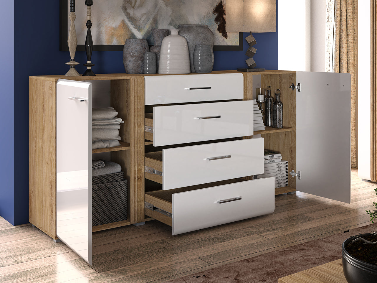 Commode, Buffet, Buffet Chêne Castello & Blanc Brillant – Élégance et Rangement au Quotidien - Decora Home