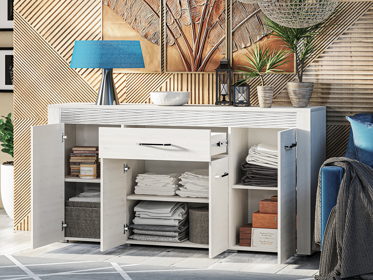 Commode, Buffet, Buffet Moderne en Pin Enneigé avec Tiroirs Spacieux et Extension Complète - Rangement Pratique et Durable - Decora Home
