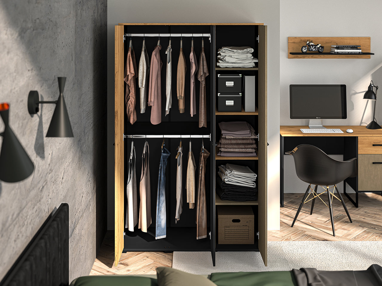 Garde-robe en chêne artisanal or et noir avec acier premium – Élégance et fonctionnalité - Decora Home