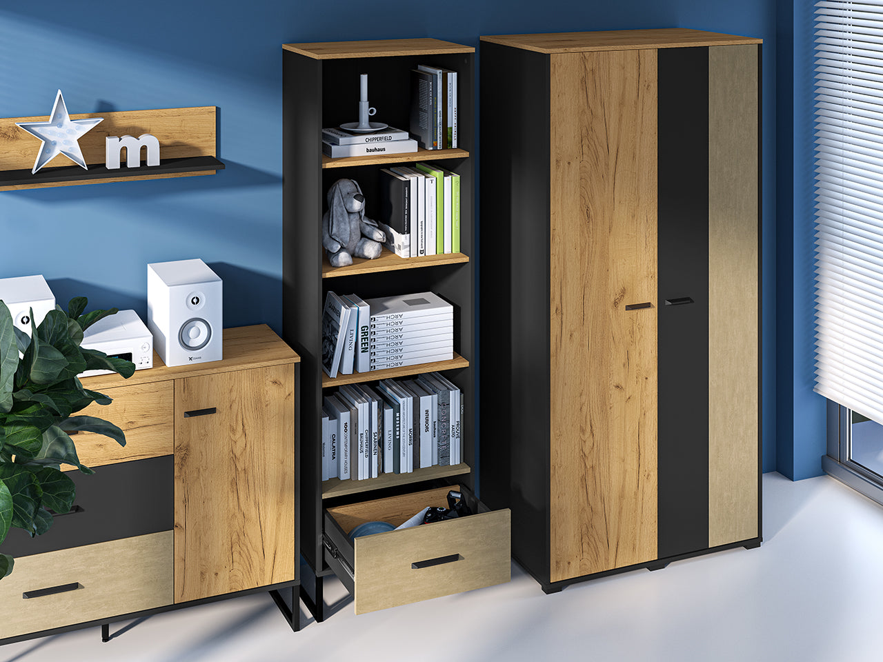 Étagère Haute en Chêne Artisan Or et Noir – Finition Acier Premium – 190 cm de Hauteur - Decora Home
