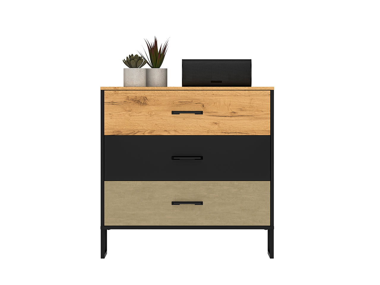 Commode, Buffet, Buffet Moderne en Chêne Artisan Or et Noir – Tiroirs Renforcés à Extension Complète – Finition Acier Premium – 91 cm - Decora Home
