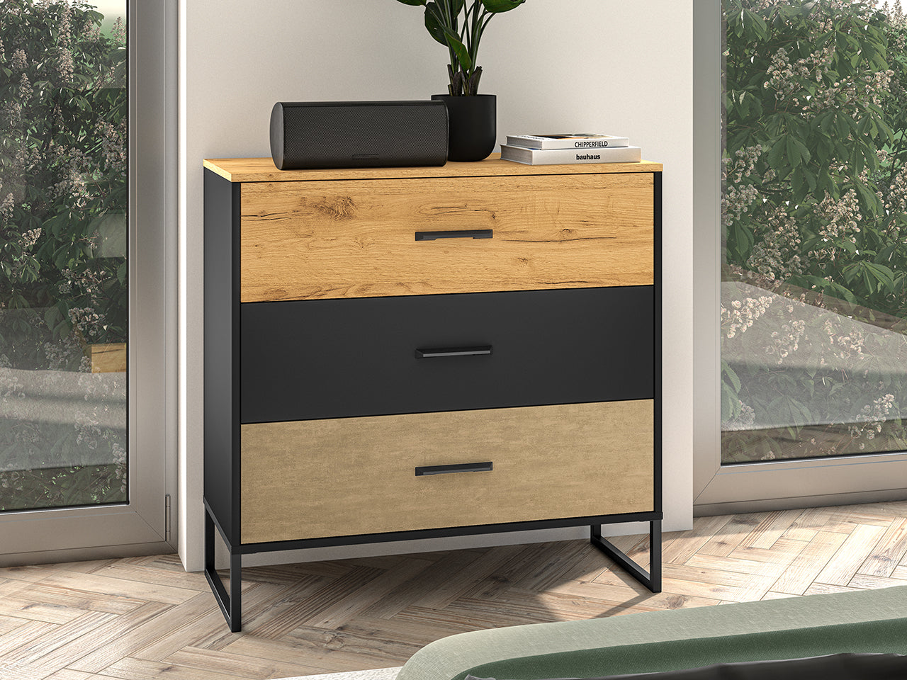 Buffet Moderne en Chêne Artisan Or et Noir – Tiroirs Renforcés à Extension Complète – Finition Acier Premium – 91 cm|Offre Spéciale|Decora Home