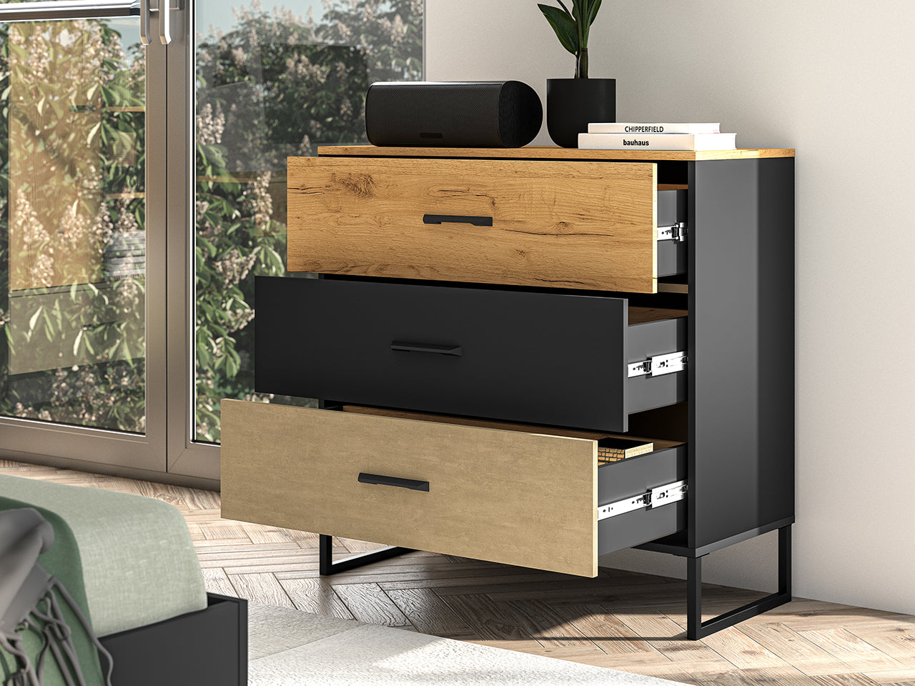 Commode, Buffet, Buffet Moderne en Chêne Artisan Or et Noir – Tiroirs Renforcés à Extension Complète – Finition Acier Premium – 91 cm - Decora Home