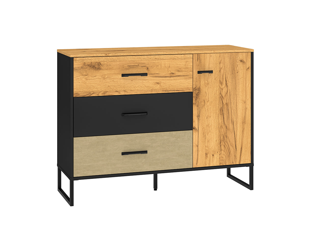 Commode, Buffet, Buffet Design en Chêne Artisan Or et Noir – Tiroirs Renforcés à Extension Complète – Finition Acier Premium – 120 cm - Decora Home