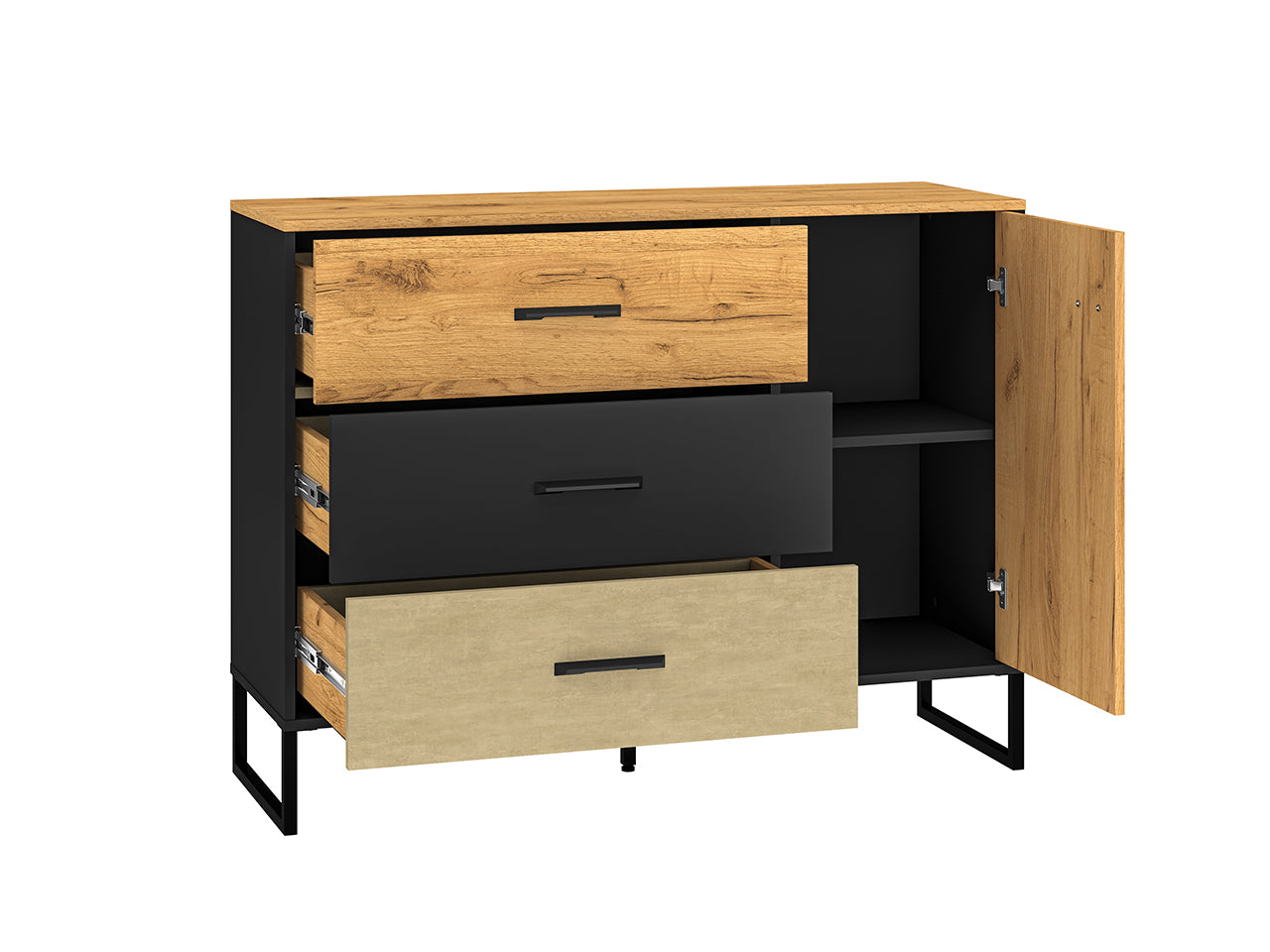 Commode, Buffet, Buffet Design en Chêne Artisan Or et Noir – Tiroirs Renforcés à Extension Complète – Finition Acier Premium – 120 cm - Decora Home