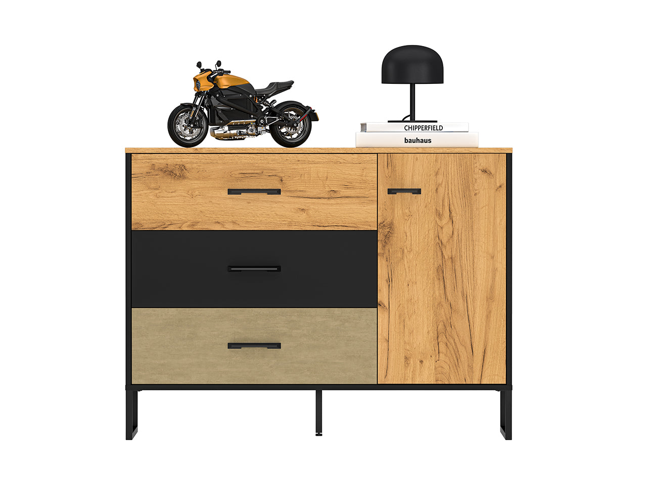 Commode, Buffet, Buffet Design en Chêne Artisan Or et Noir – Tiroirs Renforcés à Extension Complète – Finition Acier Premium – 120 cm - Decora Home