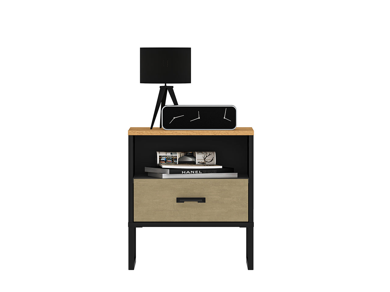 Table de Nuit Design en Chêne Artisan Or et Noir – Plateau Résistant – Finitions Acier Premium – 50 cm - Decora Home