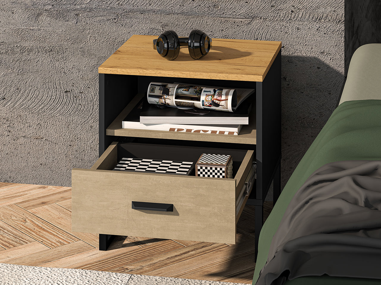 Table de Nuit Design en Chêne Artisan Or et Noir – Plateau Résistant – Finitions Acier Premium – 50 cm - Decora Home