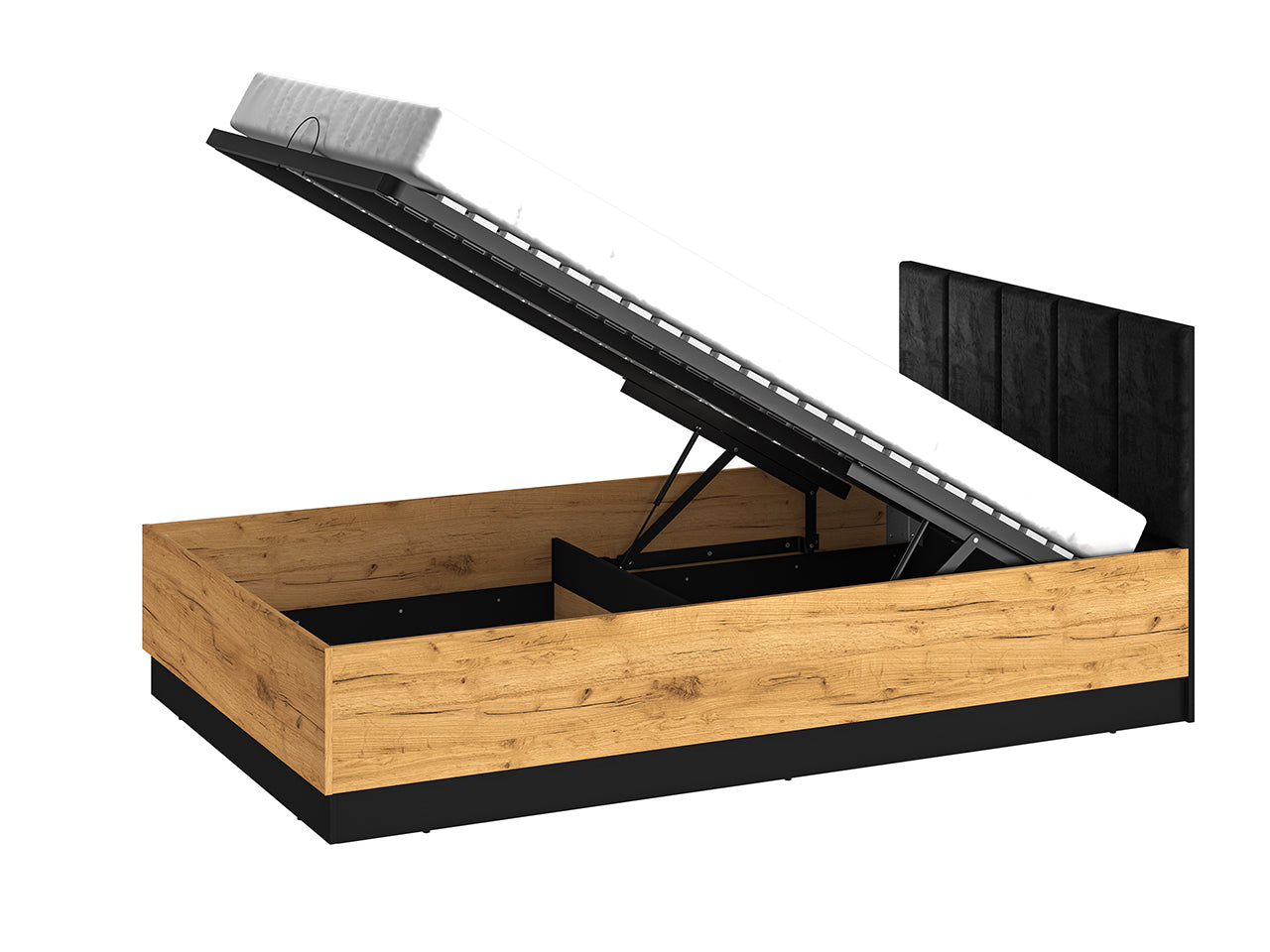 Lit avec Cadre de Levage Inclus en Chêne Craft Or et Noir – Tête de Lit en Velours Noir - Decora Home