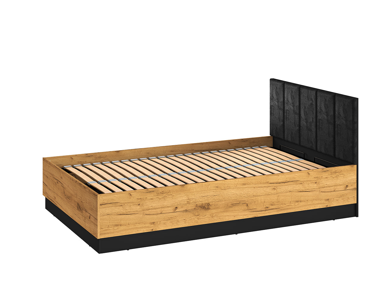 Lit avec Cadre de Levage Inclus en Chêne Craft Or et Noir – Tête de Lit en Velours Noir - Decora Home