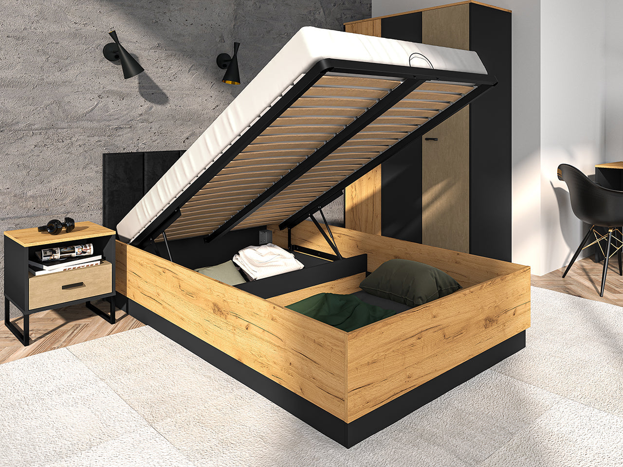 Lit avec Cadre de Levage Inclus en Chêne Craft Or et Noir – Tête de Lit en Velours Noir - Decora Home