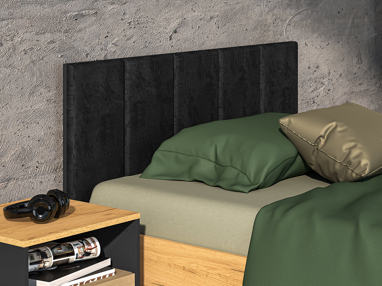 Lit en Chêne Craft Or et Noir avec Appuie-Tête en Velours Noir – Design Élégant et Résistant - Decora Home