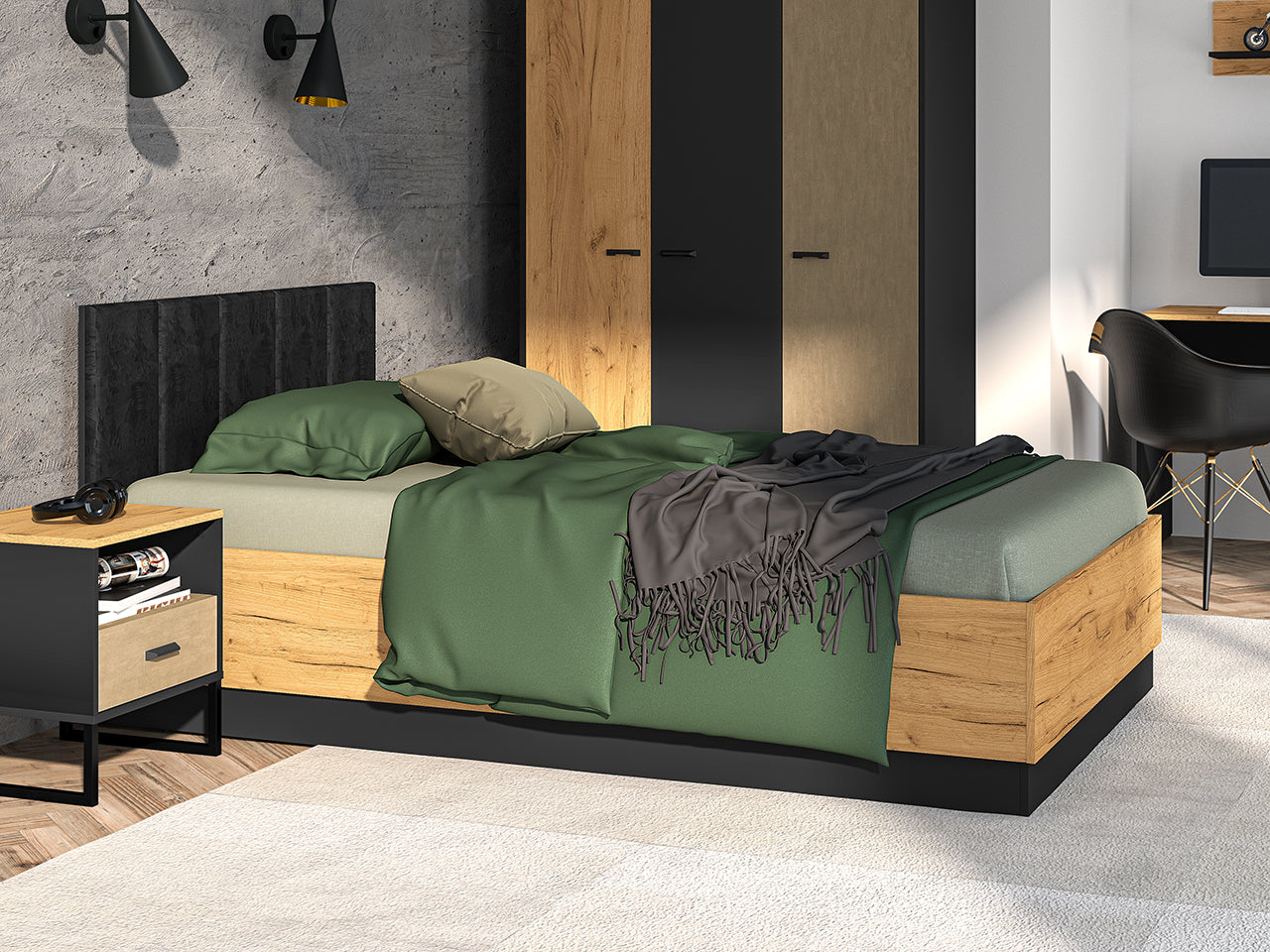 Lit en Chêne Craft Or et Noir avec Appuie Tête en Velours Noir – Design Élégant et Résistant|Offre Spéciale|Decora Home