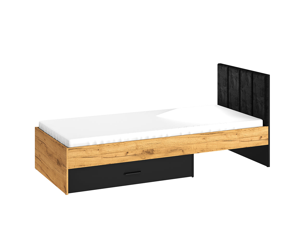 Lit en Chêne Craft Or et Noir avec Tête de Lit en Velours Noir – Design Moderne et Résistant - Decora Home