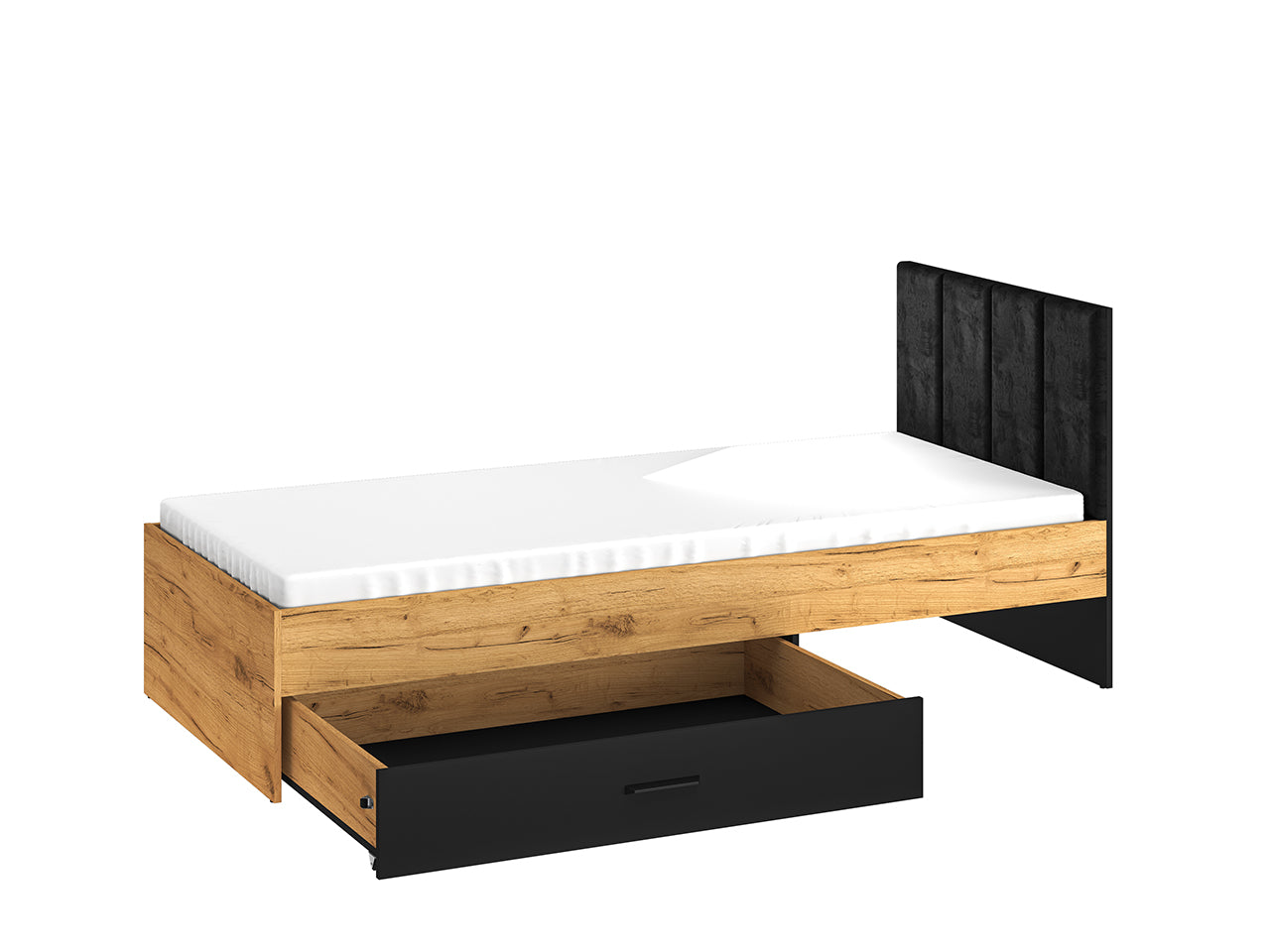 Lit en Chêne Craft Or et Noir avec Tête de Lit en Velours Noir – Design Moderne et Résistant - Decora Home