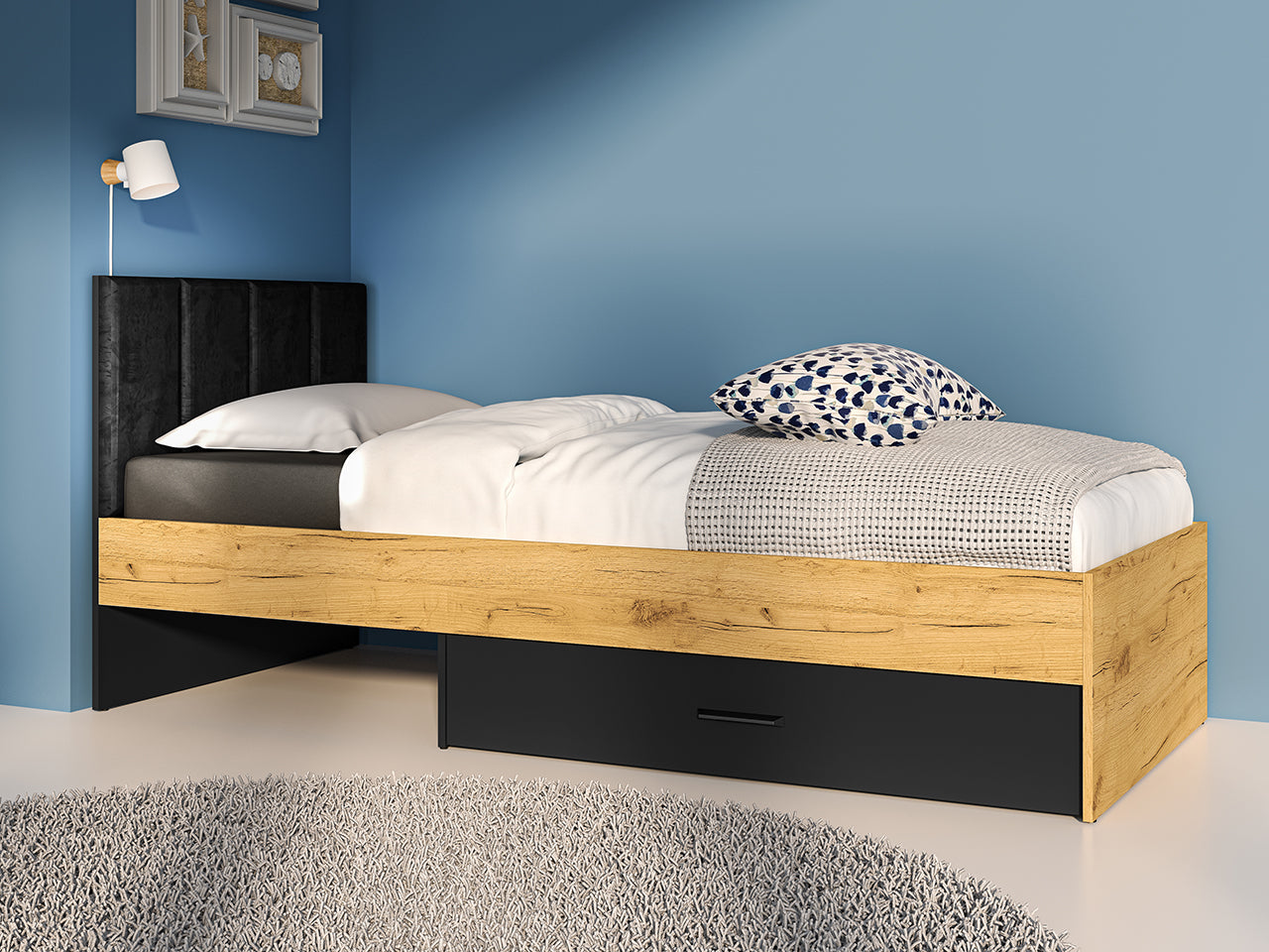 Lit en Chêne Craft Or et Noir avec Tête de Lit en Velours Noir – Design Moderne et Résistant|Offre Spéciale|Decora Home