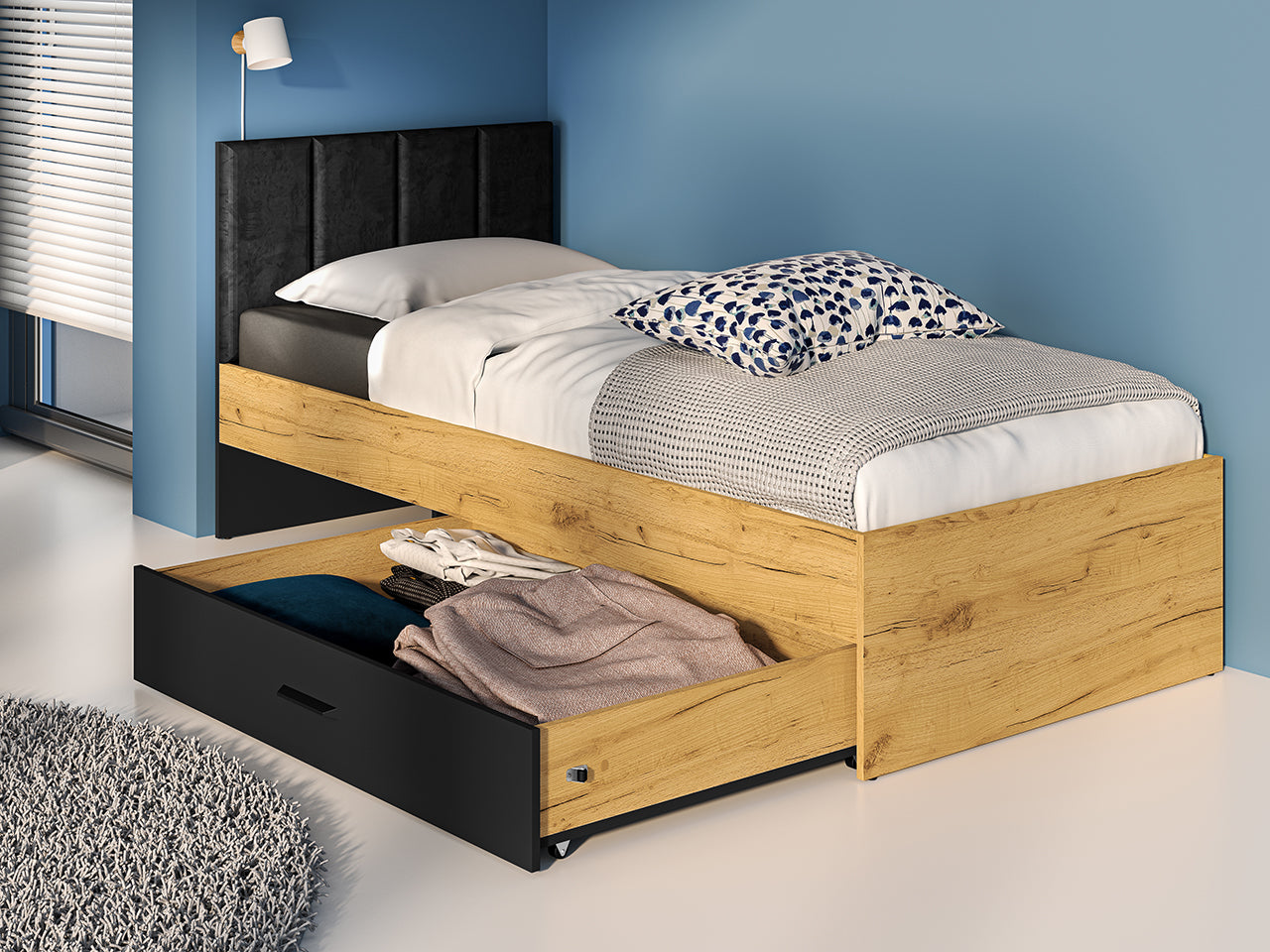 Lit en Chêne Craft Or et Noir avec Tête de Lit en Velours Noir – Design Moderne et Résistant - Decora Home