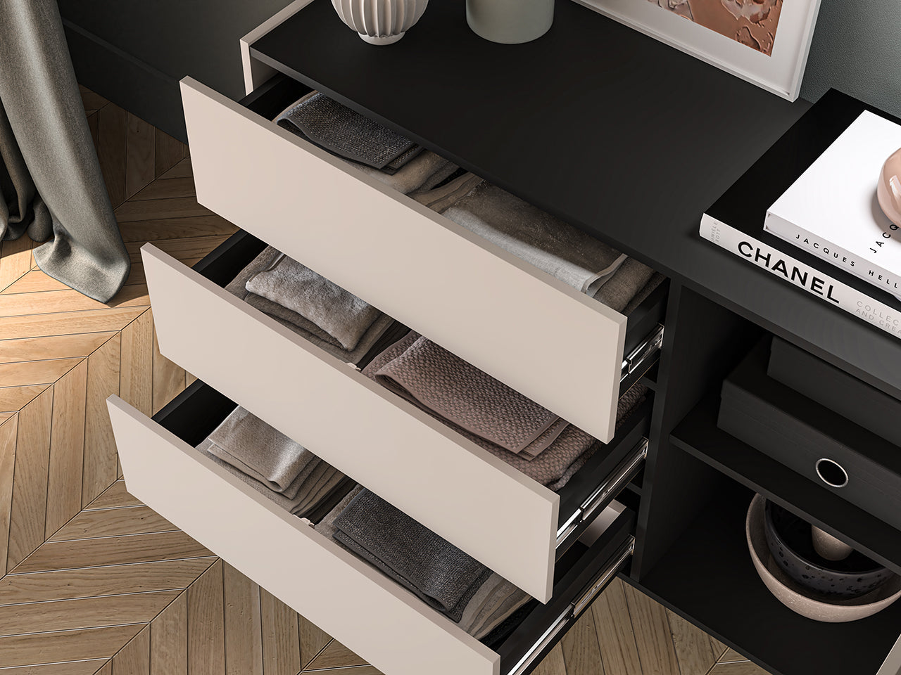 Commode, Buffet avec Tiroirs à Extension Complète et Niches Spacieuses | Cachemire et Noir - Decora Home