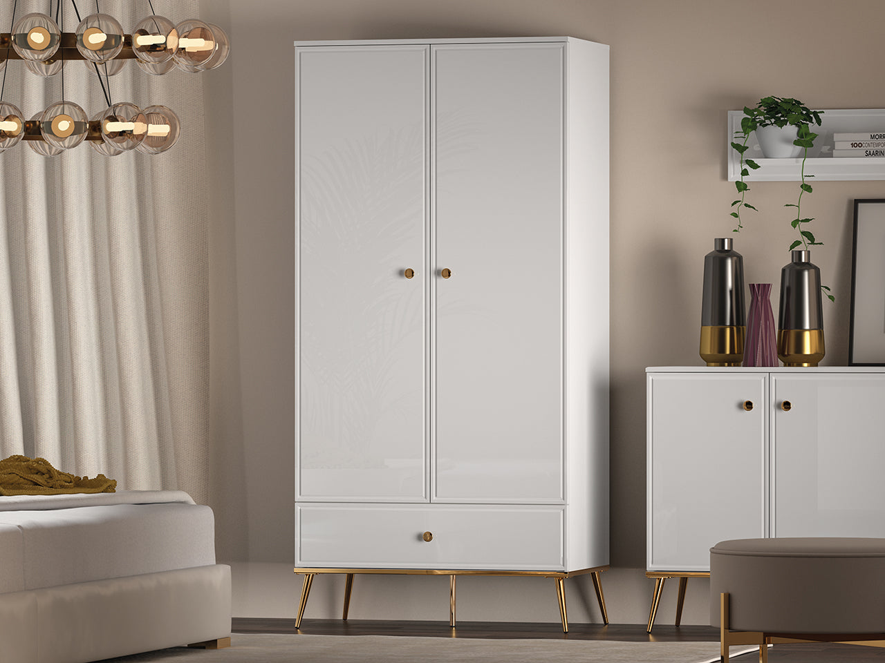 Garde-Robe en Bois Blanc Laqué Brillant avec Pieds Dorés - Decora Home