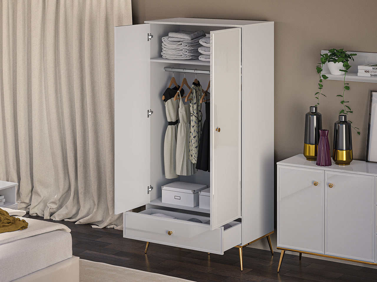 Garde-Robe en Bois Blanc Laqué Brillant avec Pieds Dorés - Decora Home