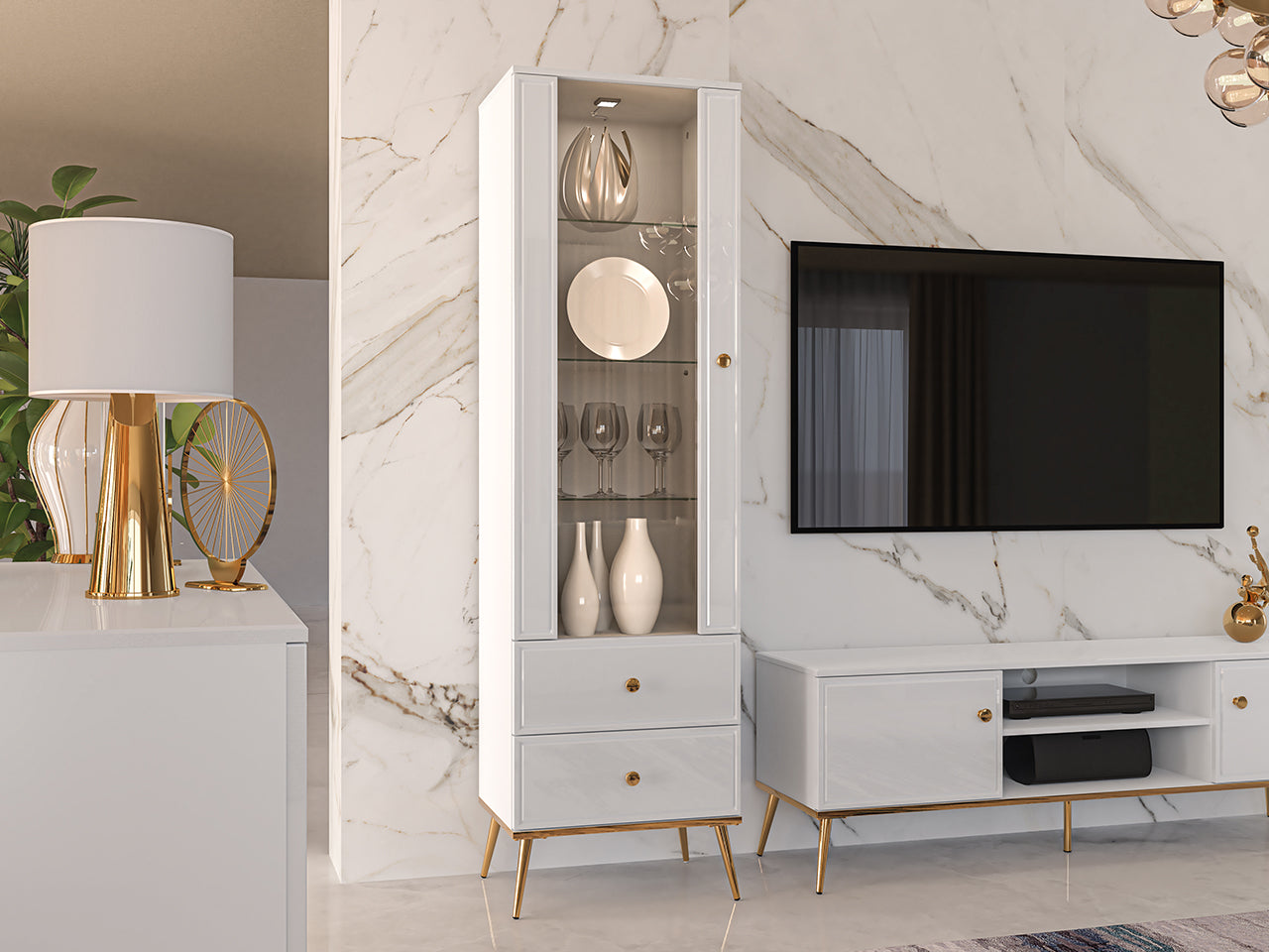 Vitrine Blanc Brillant avec Verre Trempé et Tiroir à Extension Complète - Decora Home