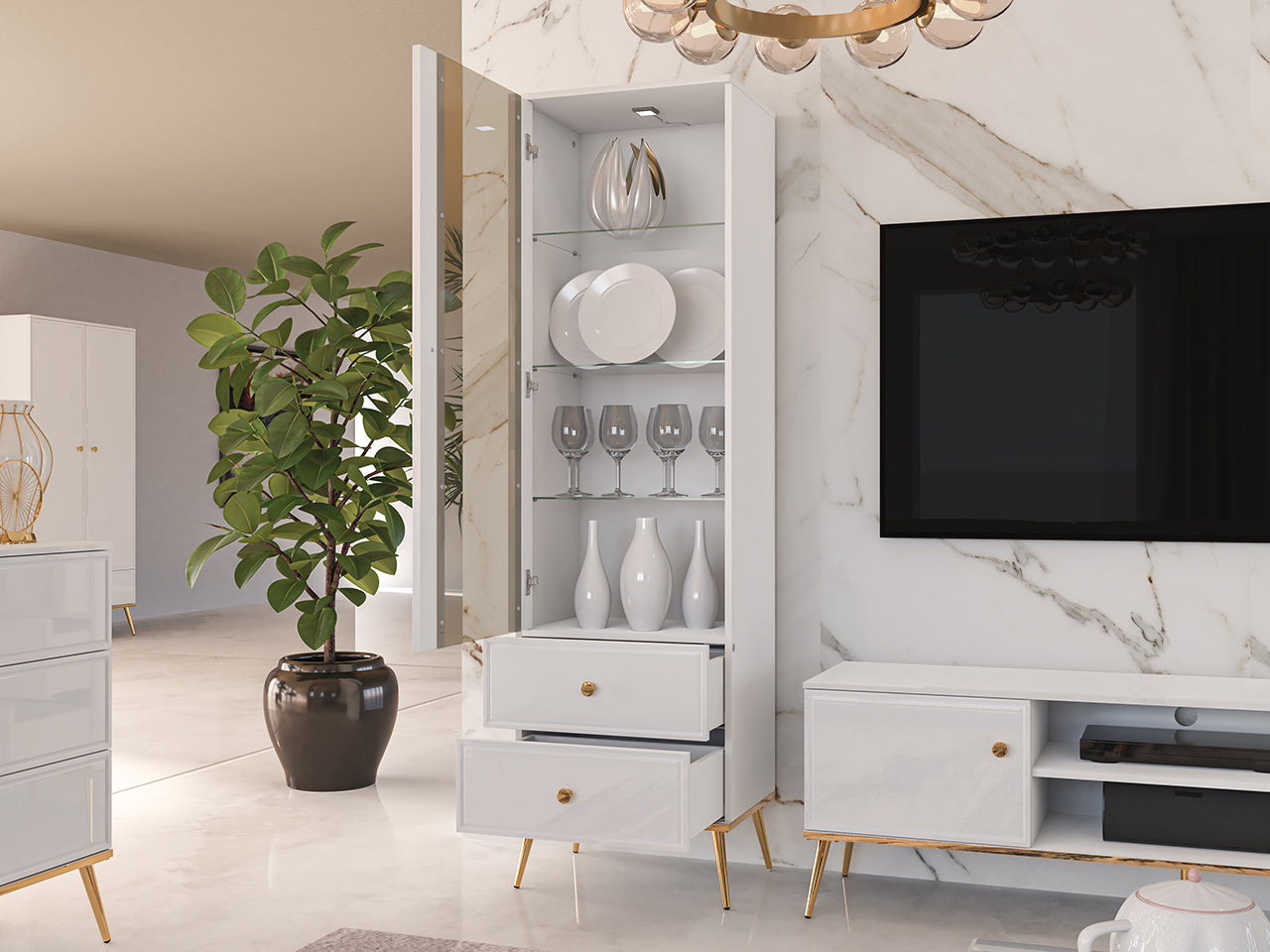 Vitrine Blanc Brillant avec Verre Trempé et Tiroir à Extension Complète - Decora Home