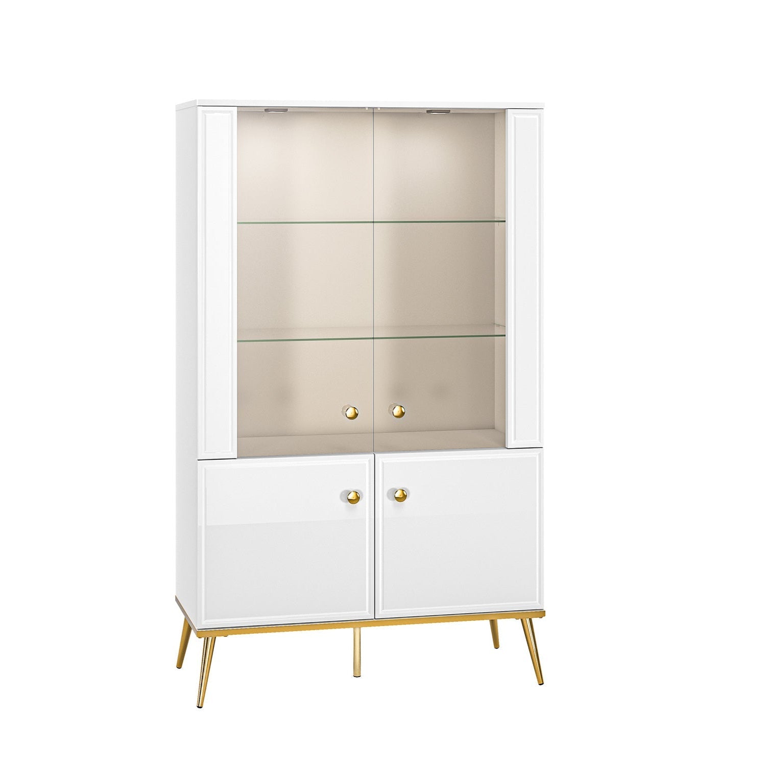 Vitrine en Bois Blanc Laqué Brillant avec Pieds Dorés – Verre Trempé, Éclairage Tactile et Tiroir à Extension - Decora Home