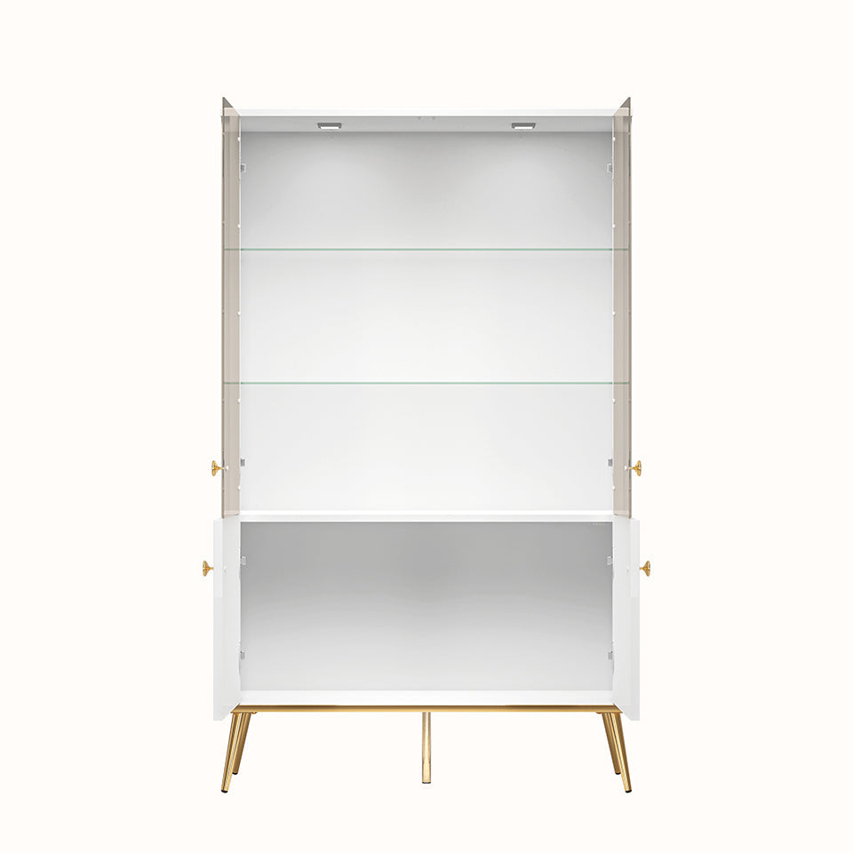 Vitrine en Bois Blanc Laqué Brillant avec Pieds Dorés – Verre Trempé, Éclairage Tactile et Tiroir à Extension - Decora Home