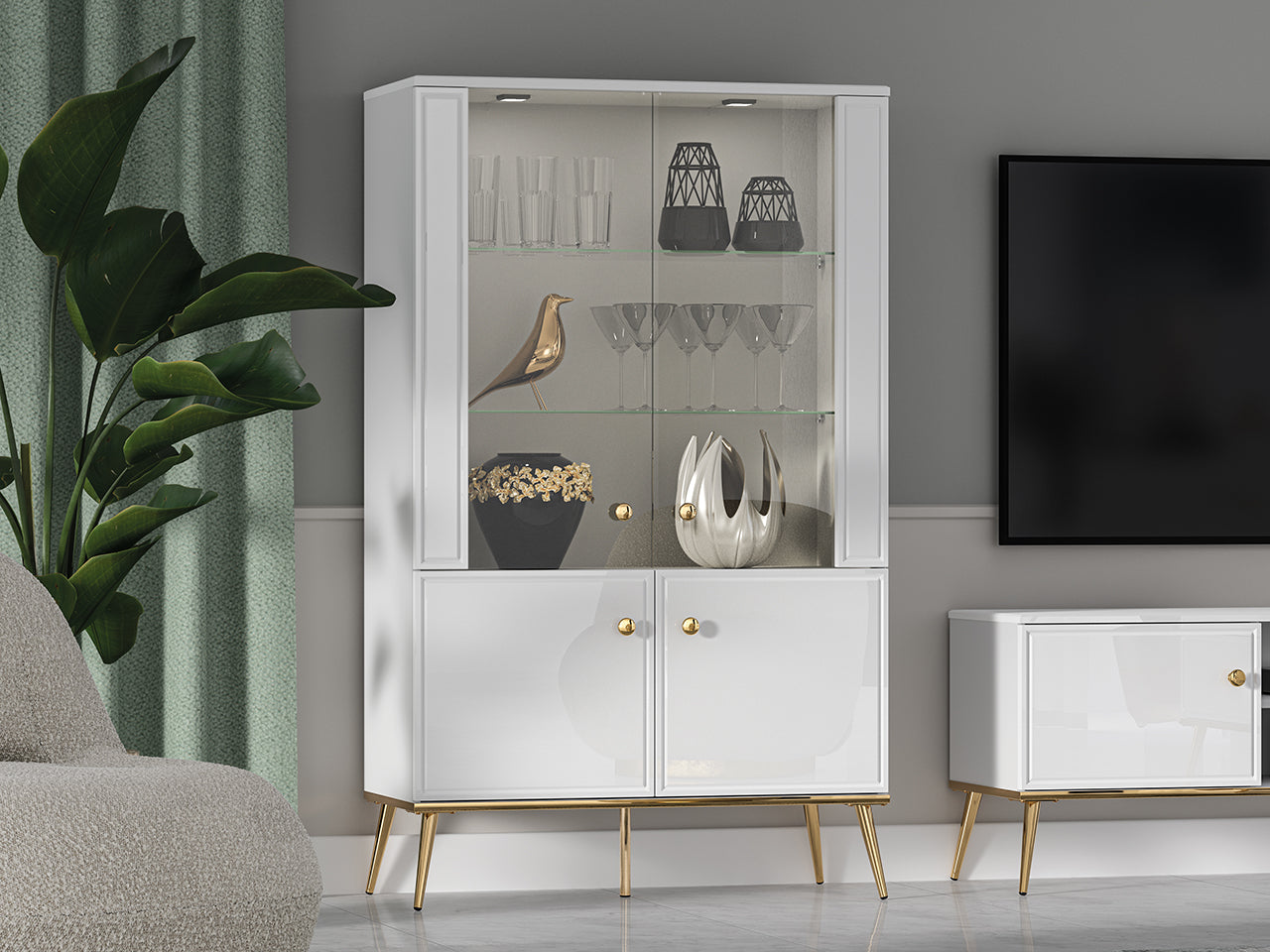 Vitrine en Bois Blanc Laqué Brillant avec Pieds Dorés – Verre Trempé, Éclairage Tactile et Tiroir à Extension - Decora Home