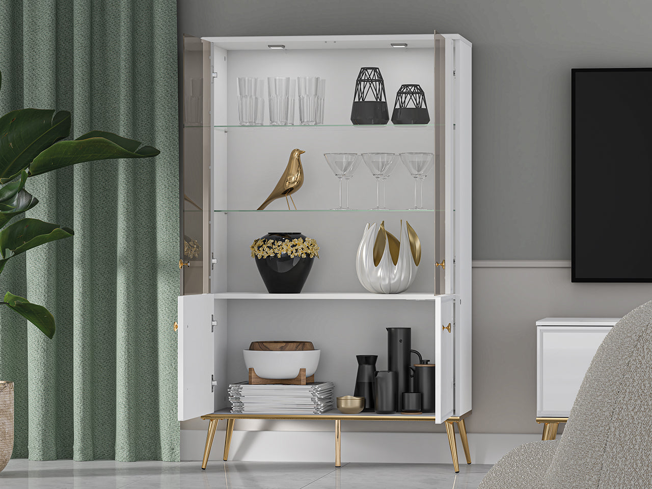 Vitrine en Bois Blanc Laqué Brillant avec Pieds Dorés – Verre Trempé, Éclairage Tactile et Tiroir à Extension - Decora Home
