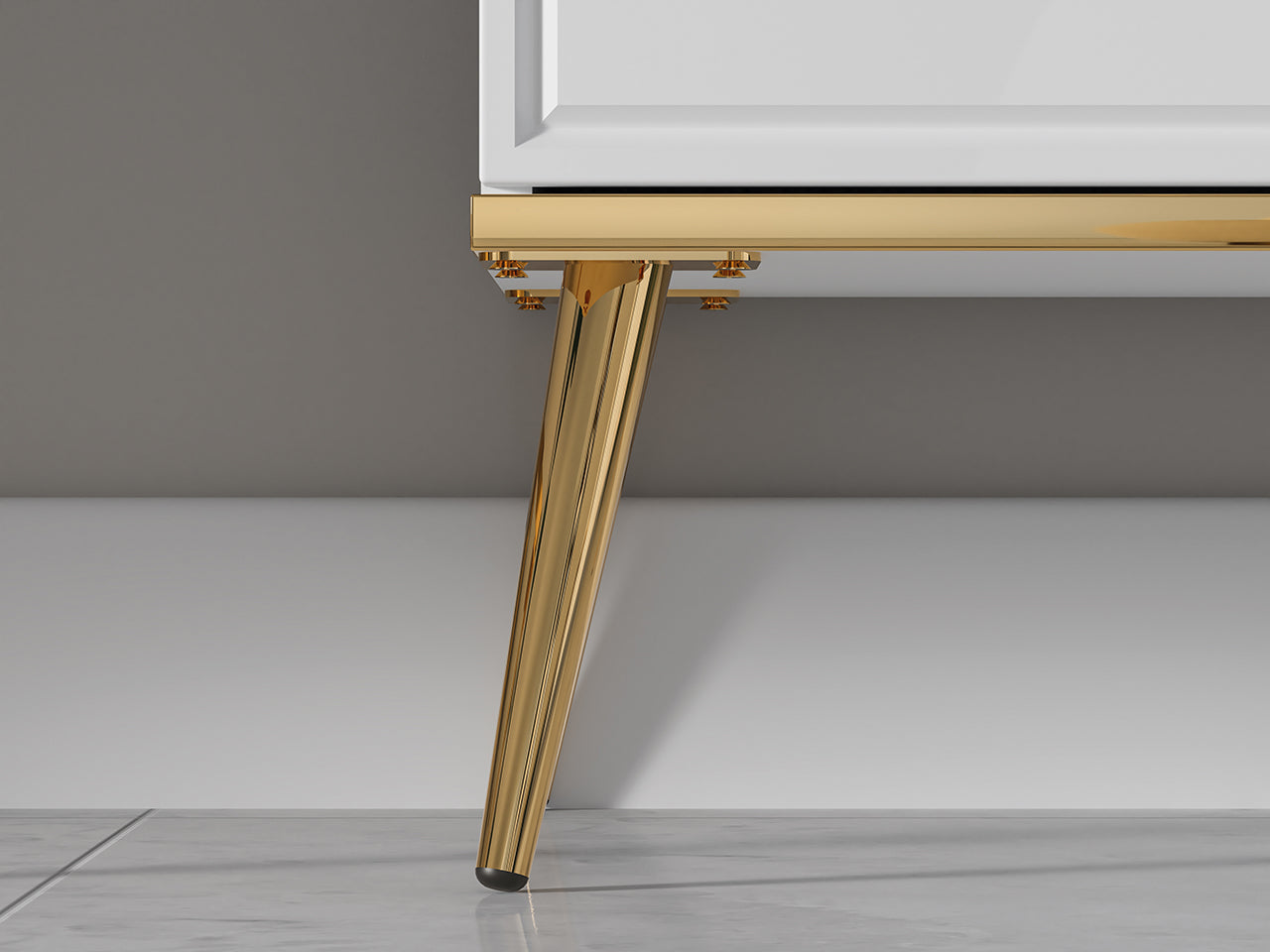 Vitrine en Bois Blanc Laqué Brillant avec Pieds Dorés – Verre Trempé, Éclairage Tactile et Tiroir à Extension - Decora Home